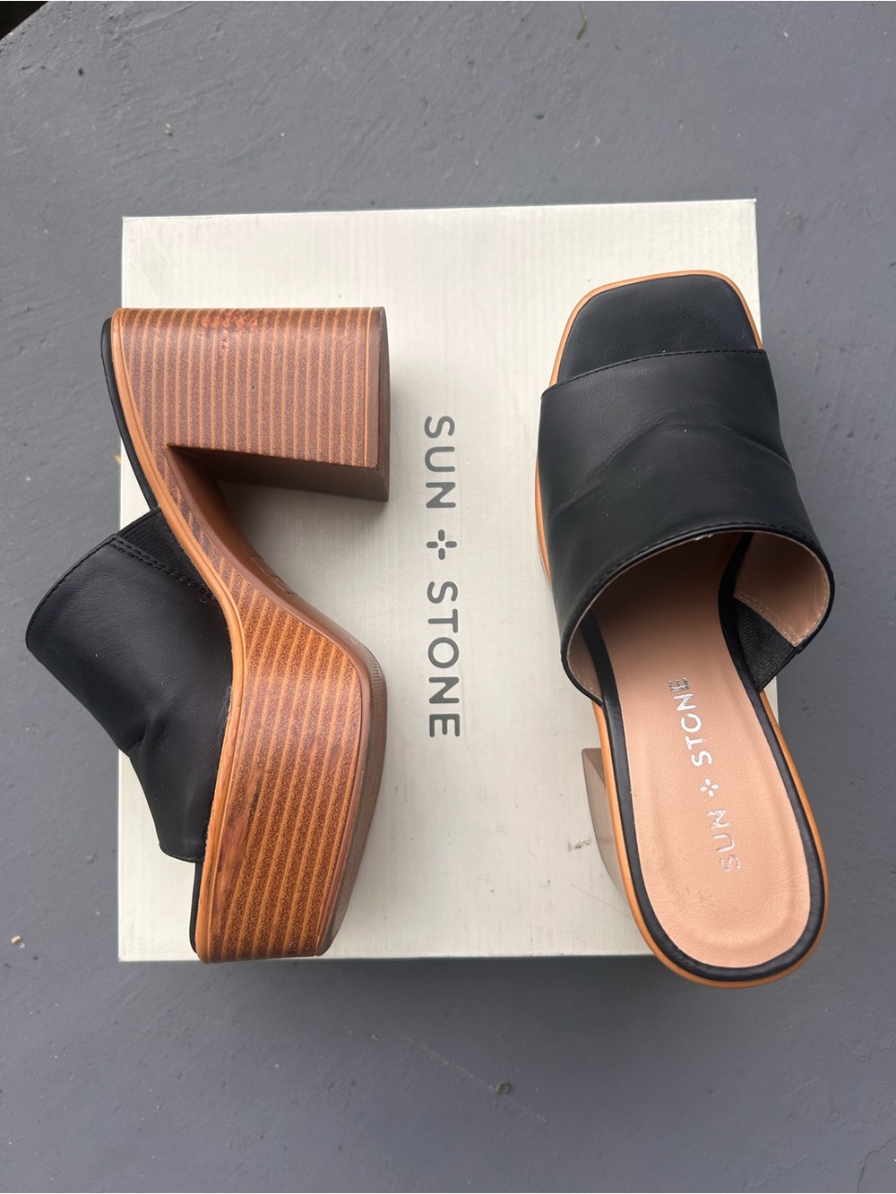 Sun + Stone Black Leather Platform Slide Mules with Wood-Effect Block Heel